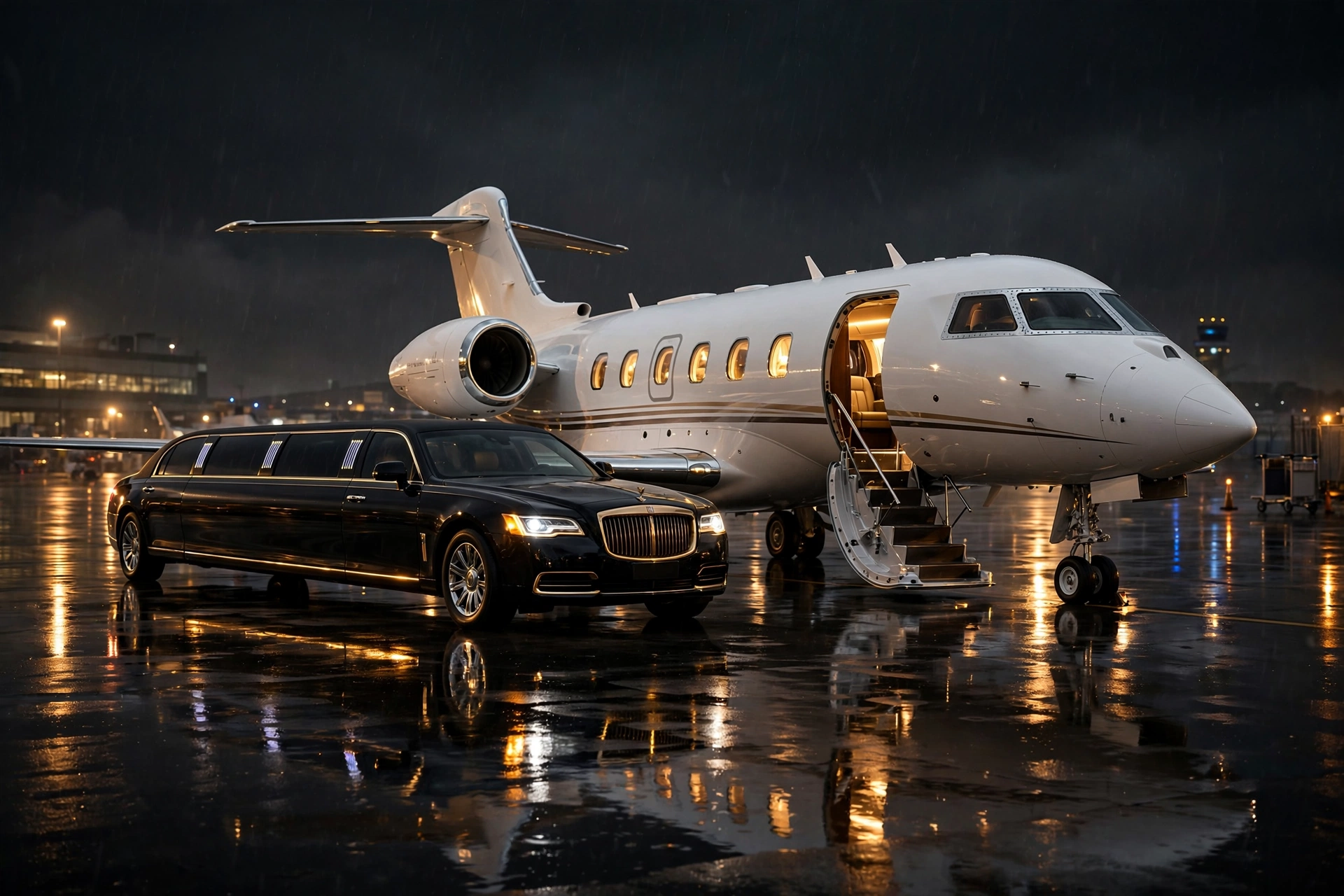 Private jet with limousine on the tarmac at night